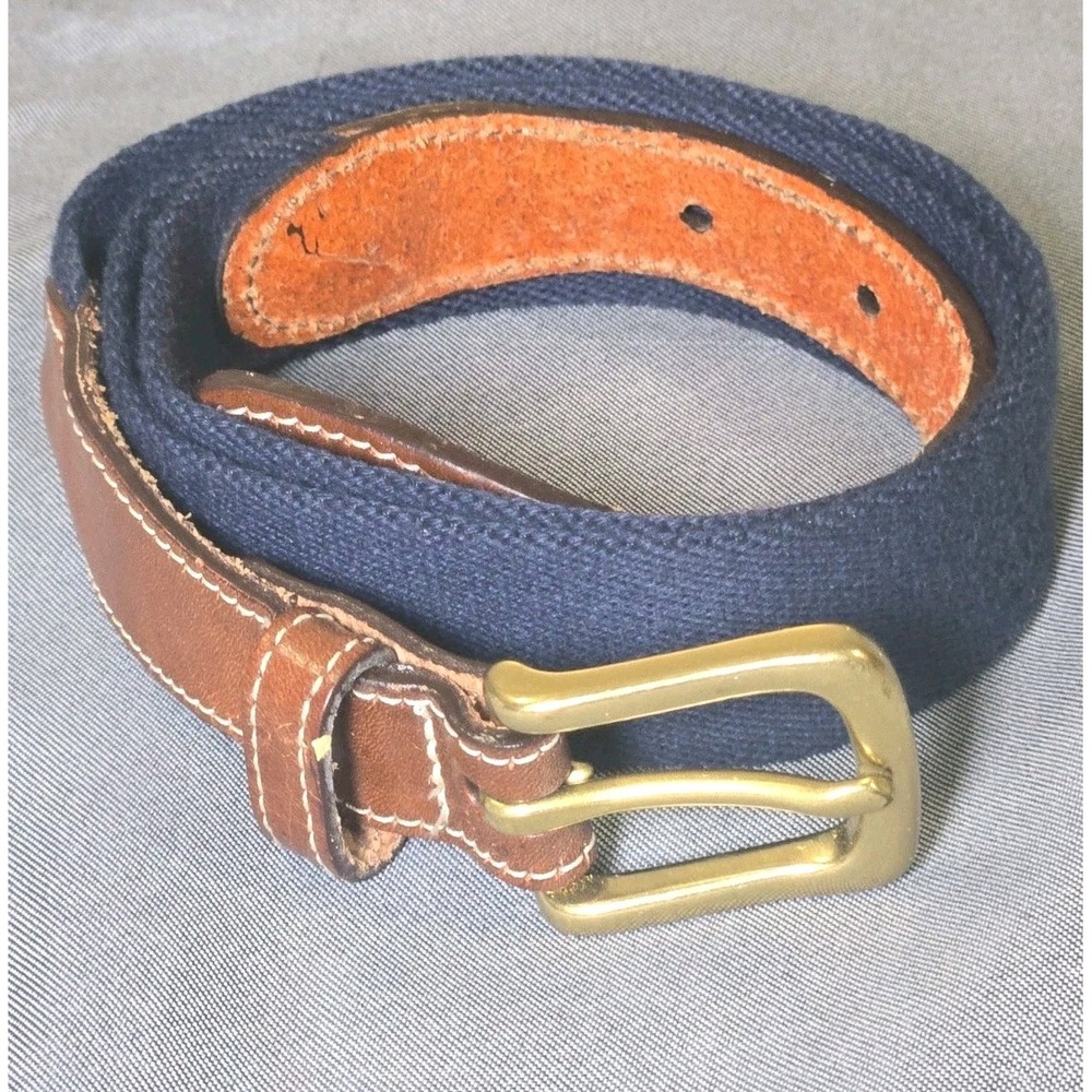 Vtg Lands End Men 32 Navy Woven Belt Leather Trim Brass Buckle Preppy Ivy 3261 B